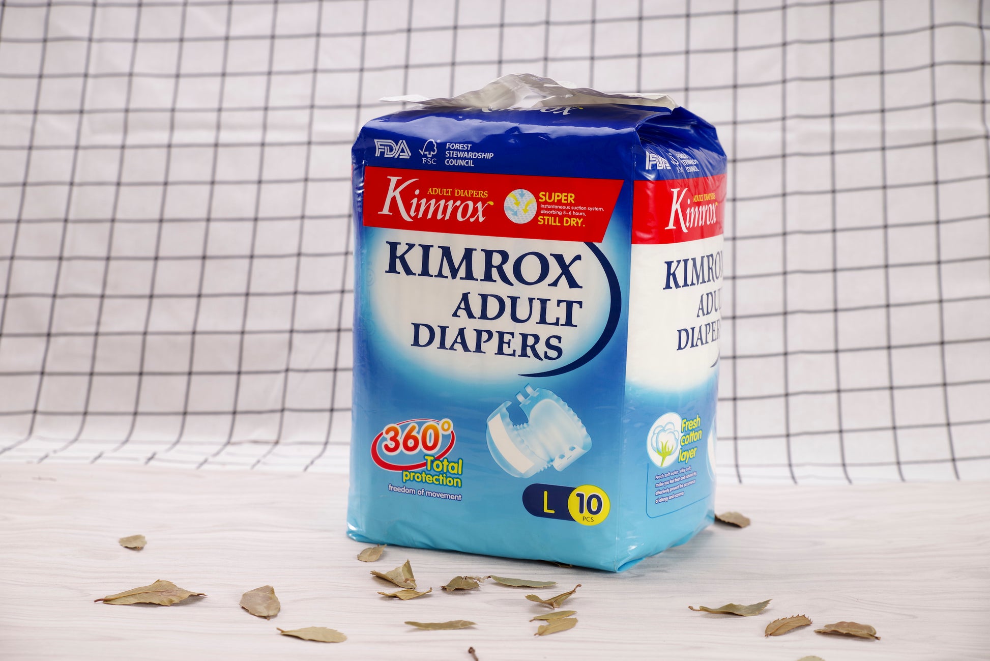 Kimrox adult diaper pack, size L 10, blue front panel with 360 icon