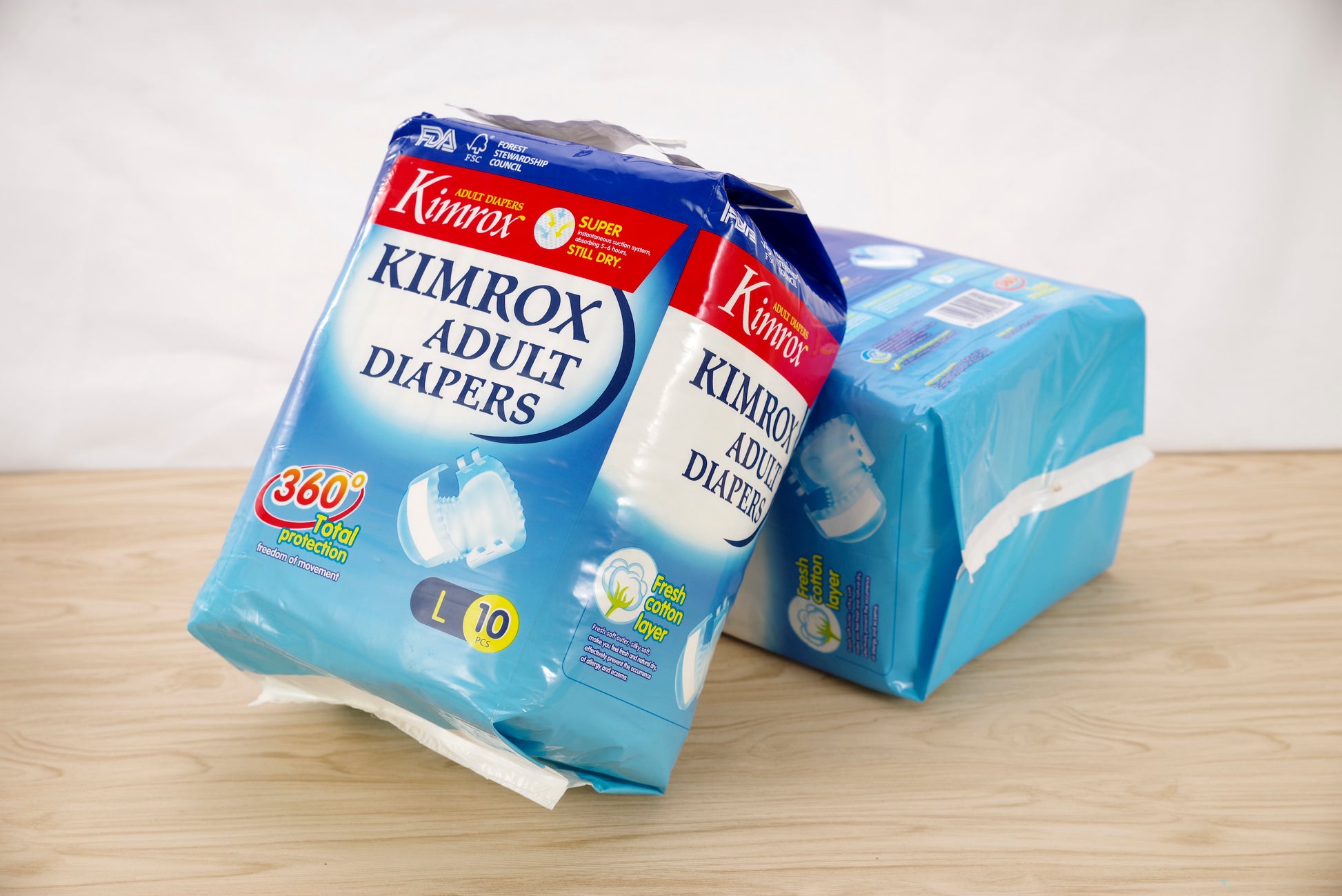 Kimrox adult diaper packs, blue packaging, 360 total and size L 10 shown