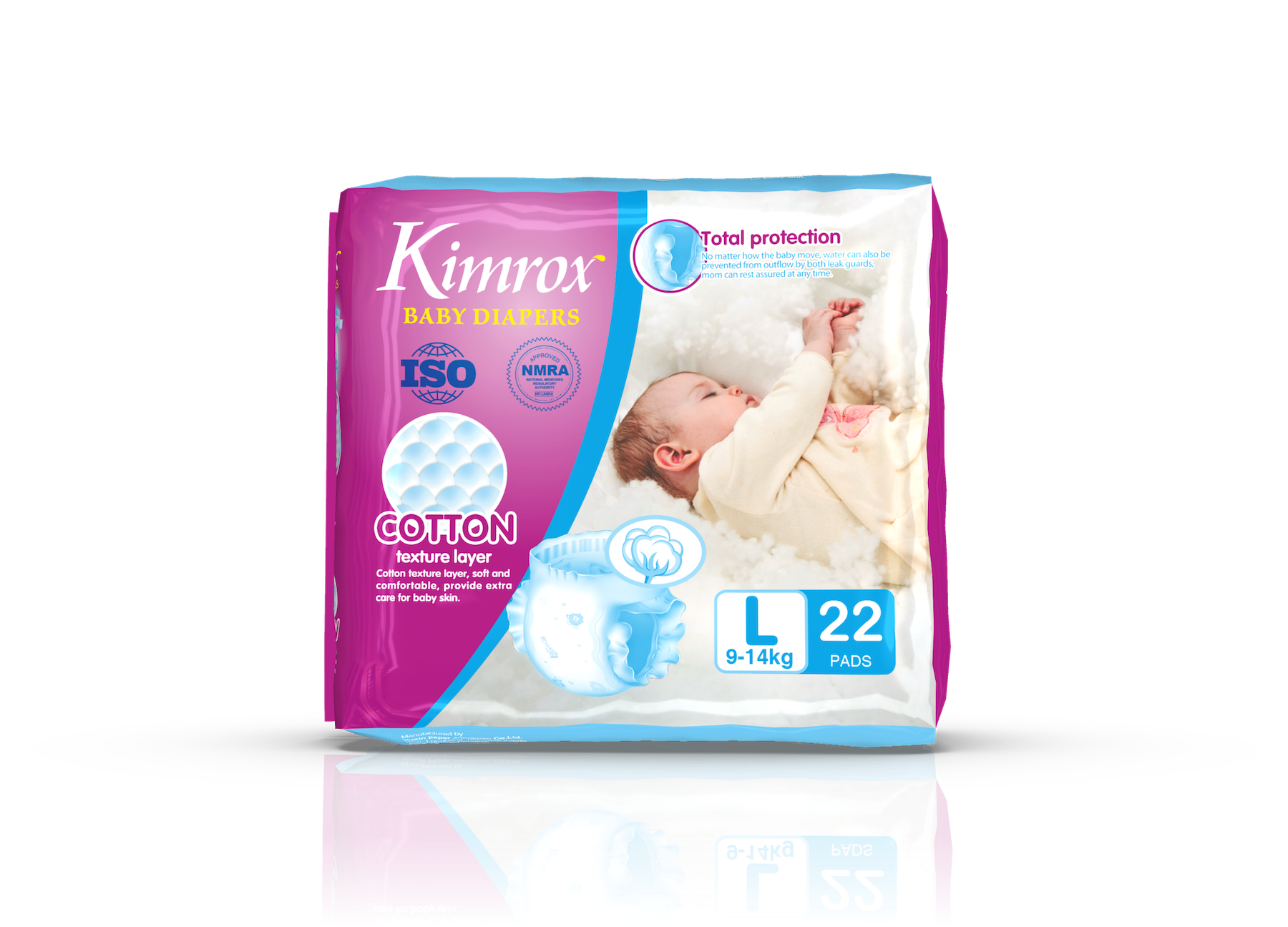 Baby diaper box pack, cotton layer, size L 22 pads, purple and light blue