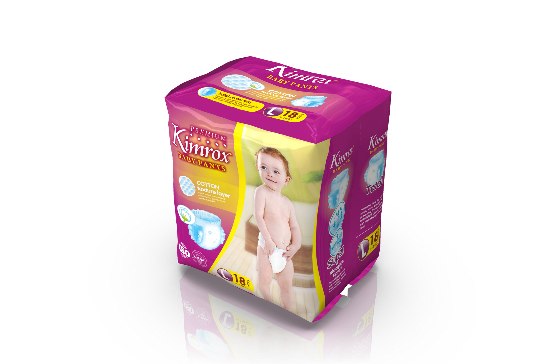 Kimrox Premium baby pants pack, purple size L, 18 count, side view.