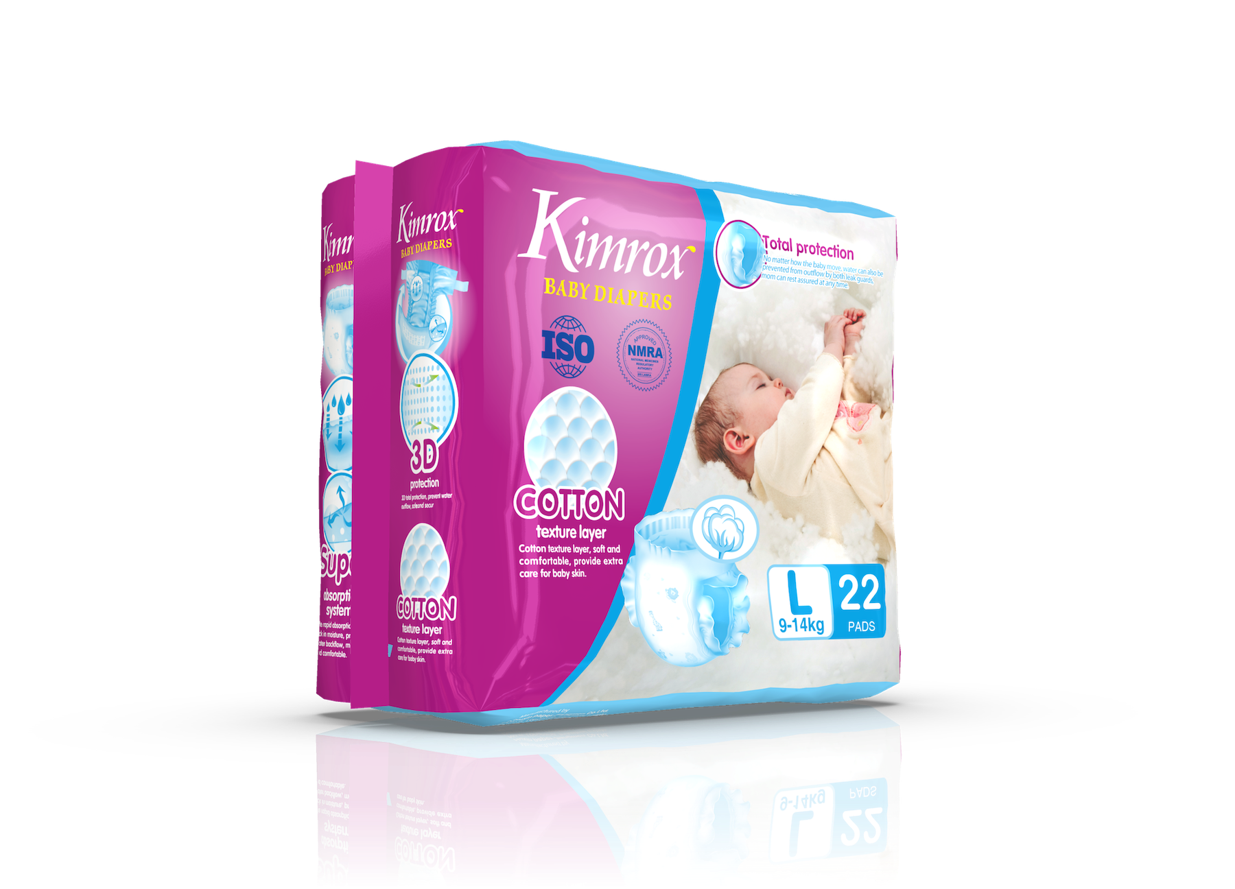 Baby diaper box pack, cotton layer, size L 22 pads, purple and light blue