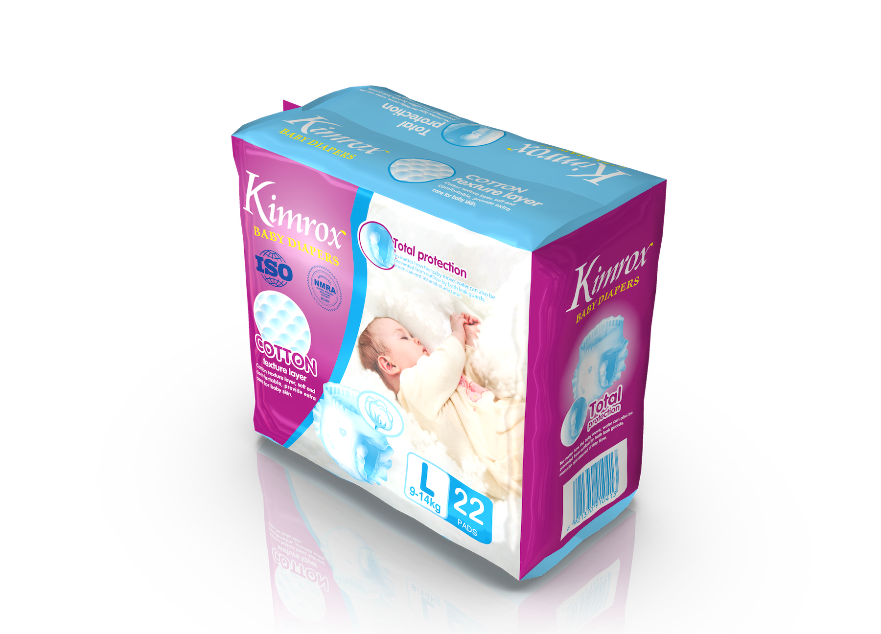 Baby diaper box pack, cotton layer, size L 22 pads, purple and light blue
