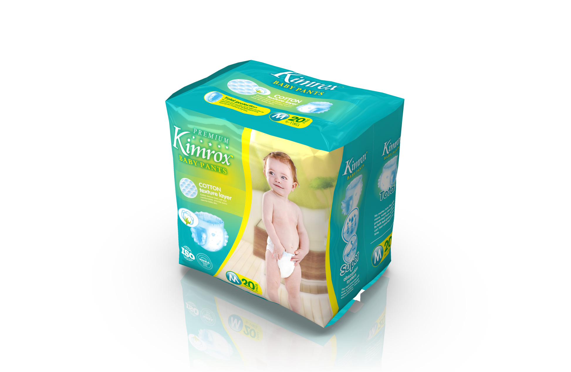 Baby pants package, teal green, size M, 20-count, cube view