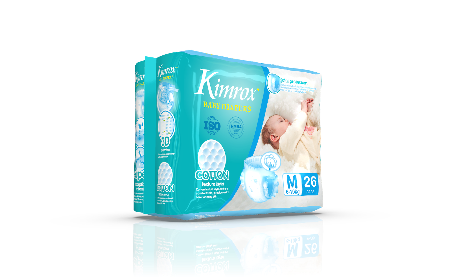Baby diaper box pack, cotton layer, size M 26 pads, teal and light blue
