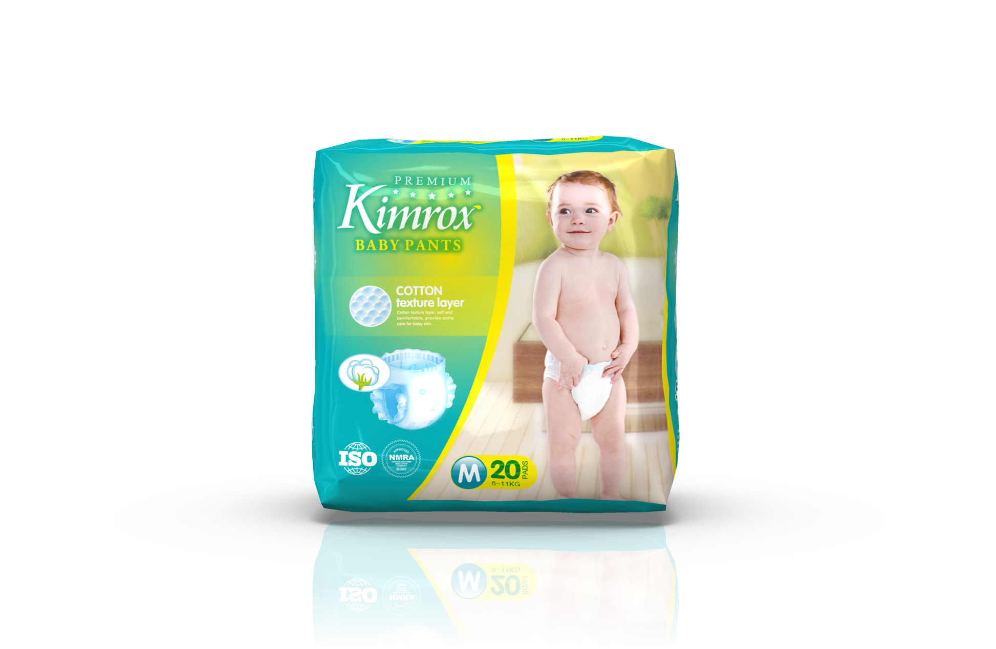 Baby pants pack, teal green, size M, 20-count, front with mirrored bottom