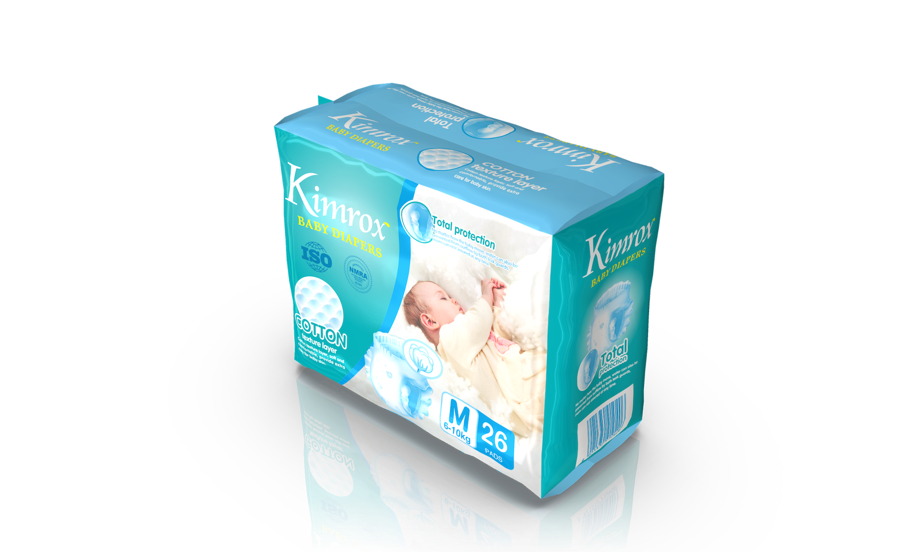 Baby diaper box pack, cotton layer, size M 26 pads, teal and light blue