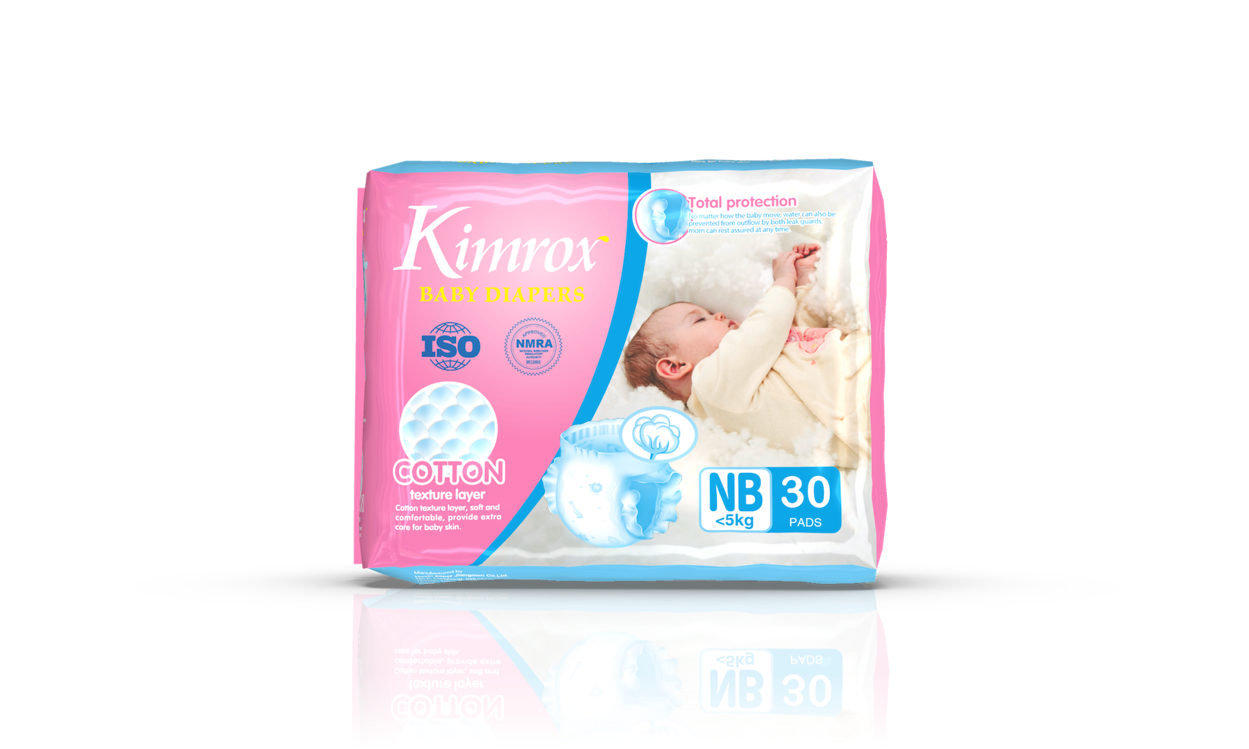 Baby diaper box pack, cotton layer, size NB 30 pads, pink and light blue