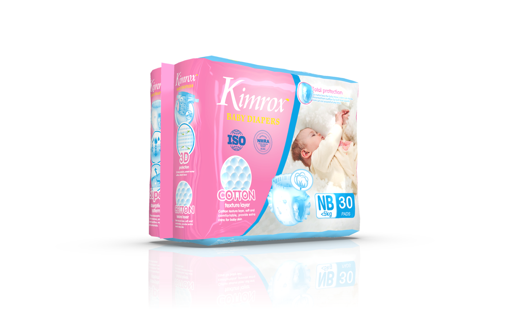 Baby diaper box pack, cotton layer, size NB 30 pads, pink and light blue