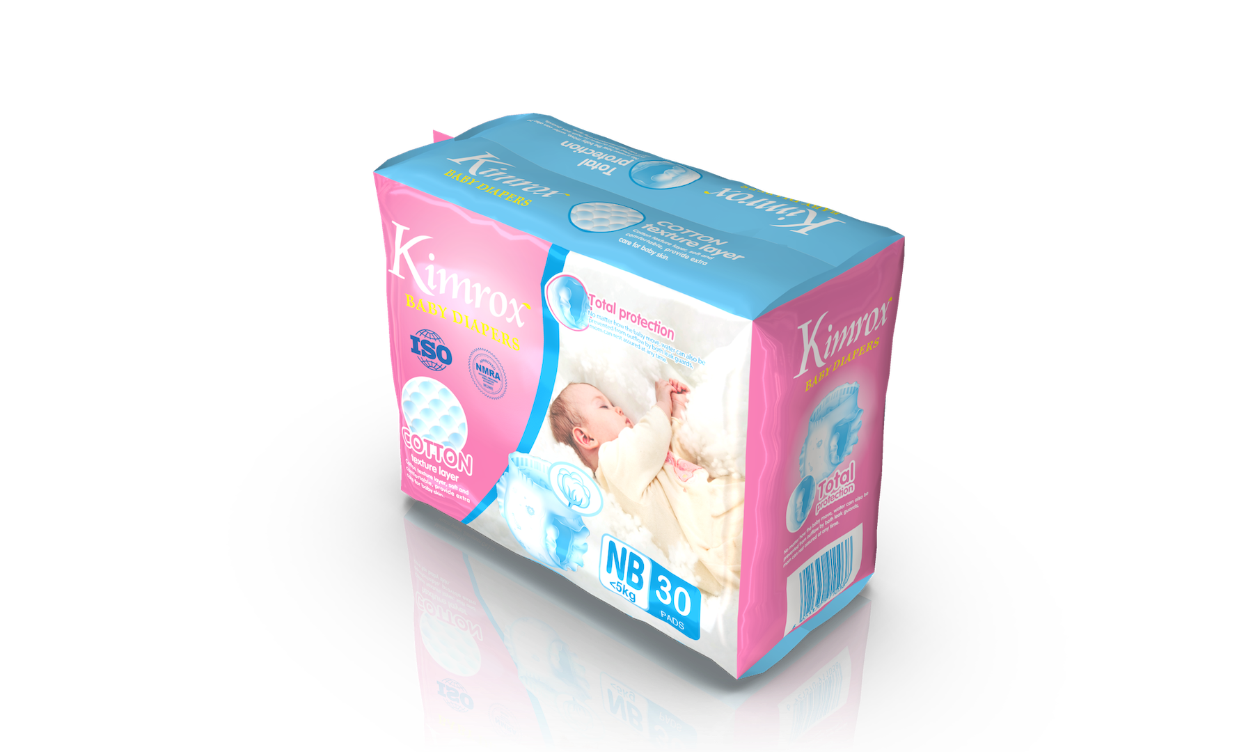 Baby diaper box pack, cotton layer, size NB 30 pads, teal and pink
