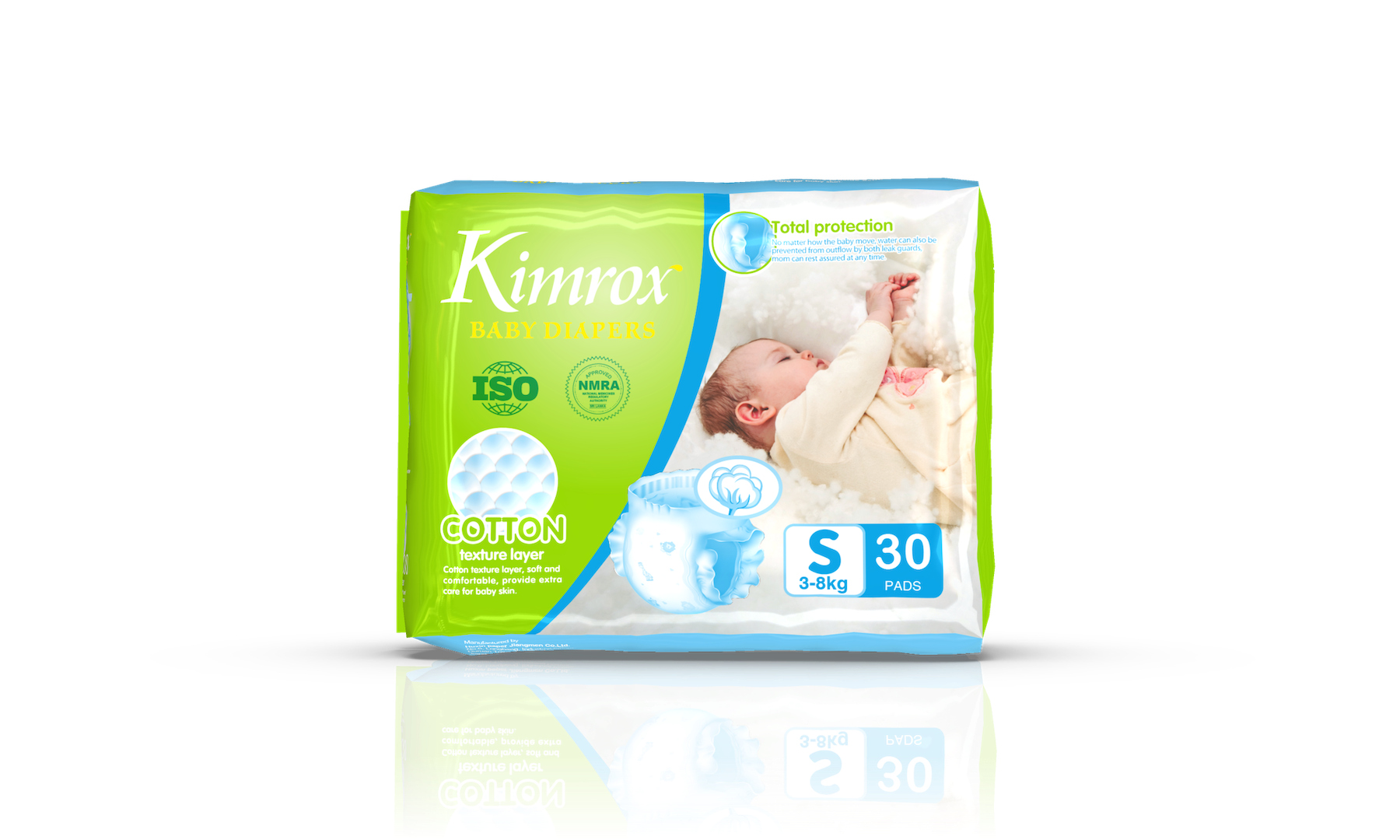 Baby diaper pack, cotton feel, green blue, size S, 30 pads