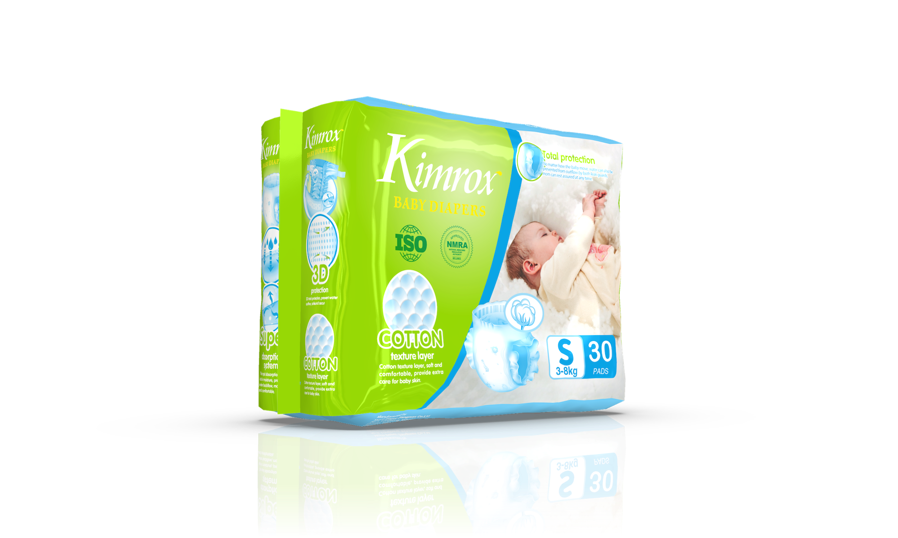 Baby diaper pack, green and blue front panel, size S, 30 pads