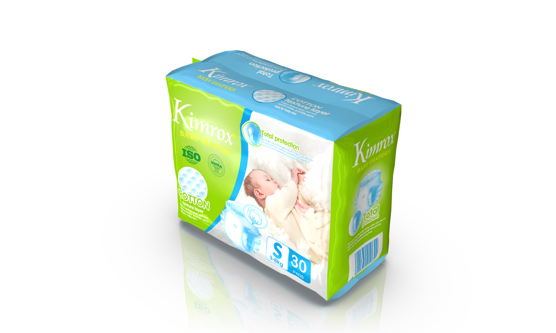 Baby diaper pack box, green blue design, size S, 30 pads, side view