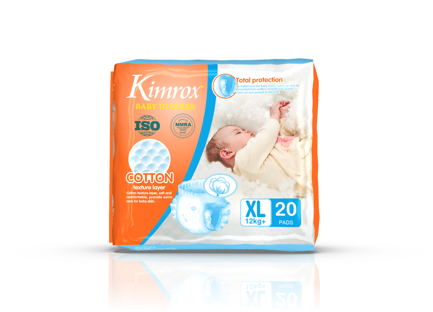 Baby diaper pack, cotton feel, orange and blue, size XL, 20 pads