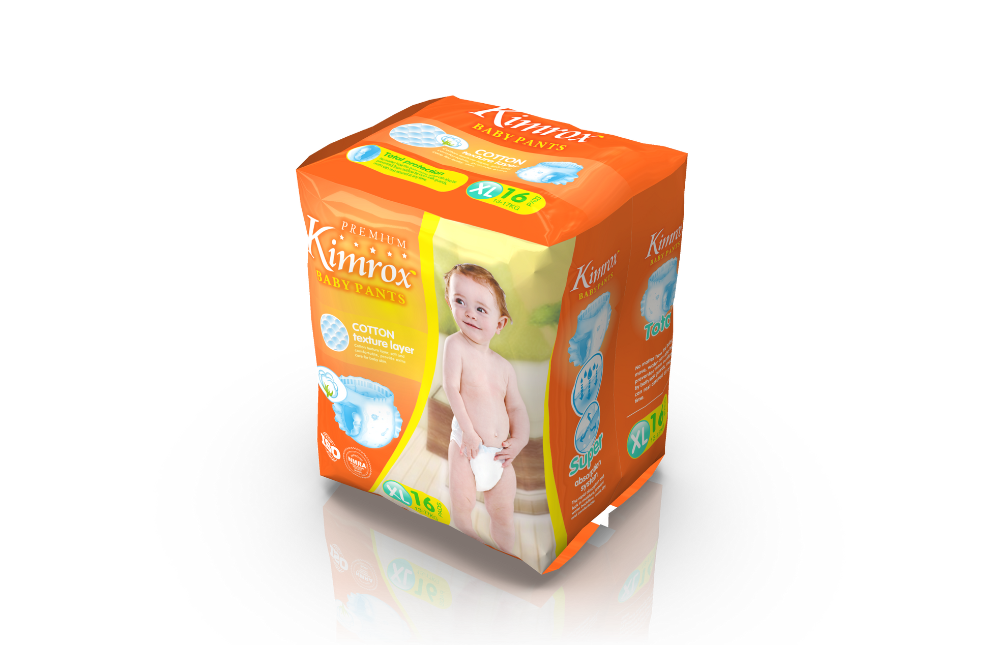 Baby pants package, orange, size XL, 16-count, cube view