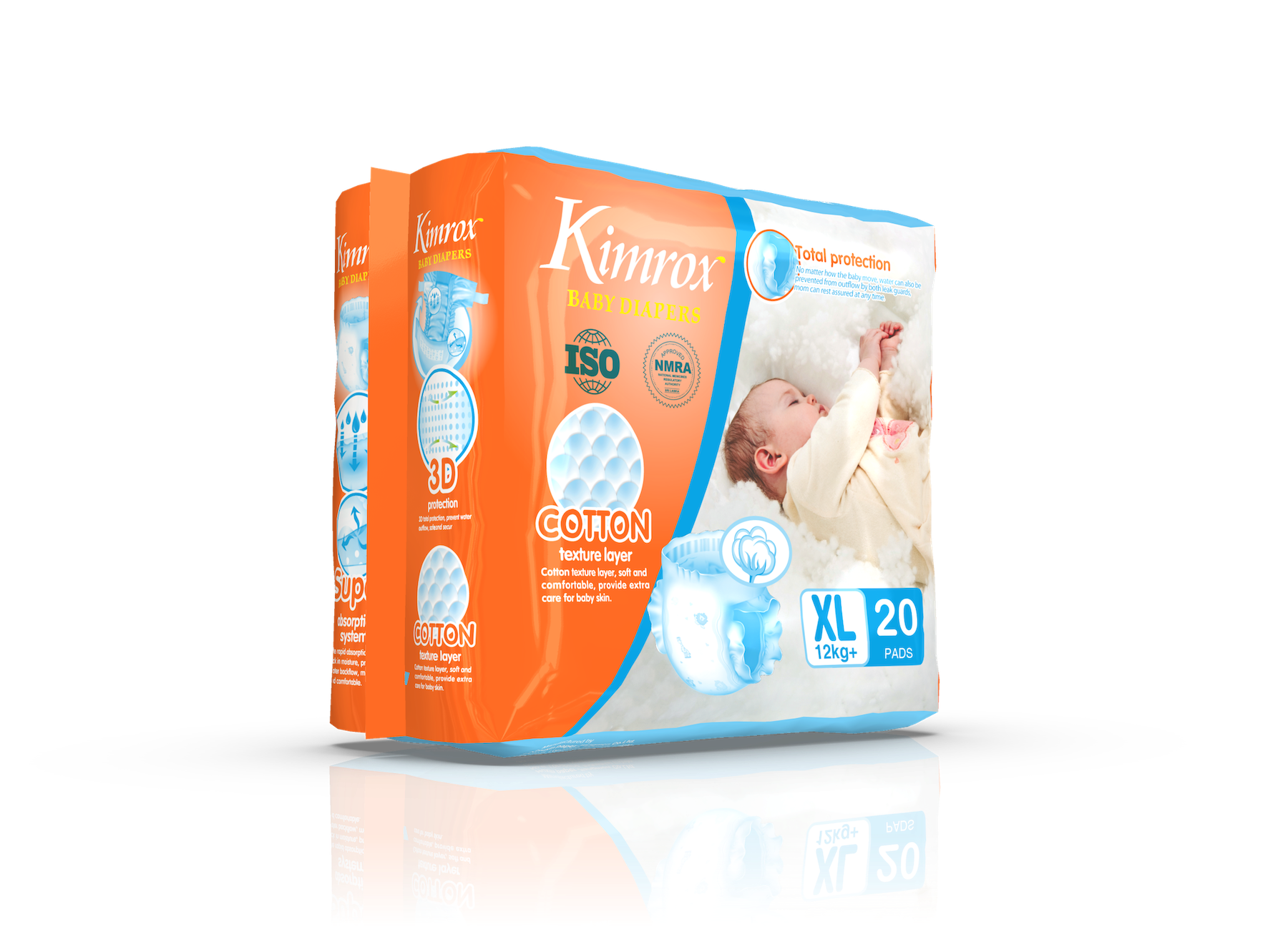 Baby diaper pack, orange and blue box, size XL, 20 pads