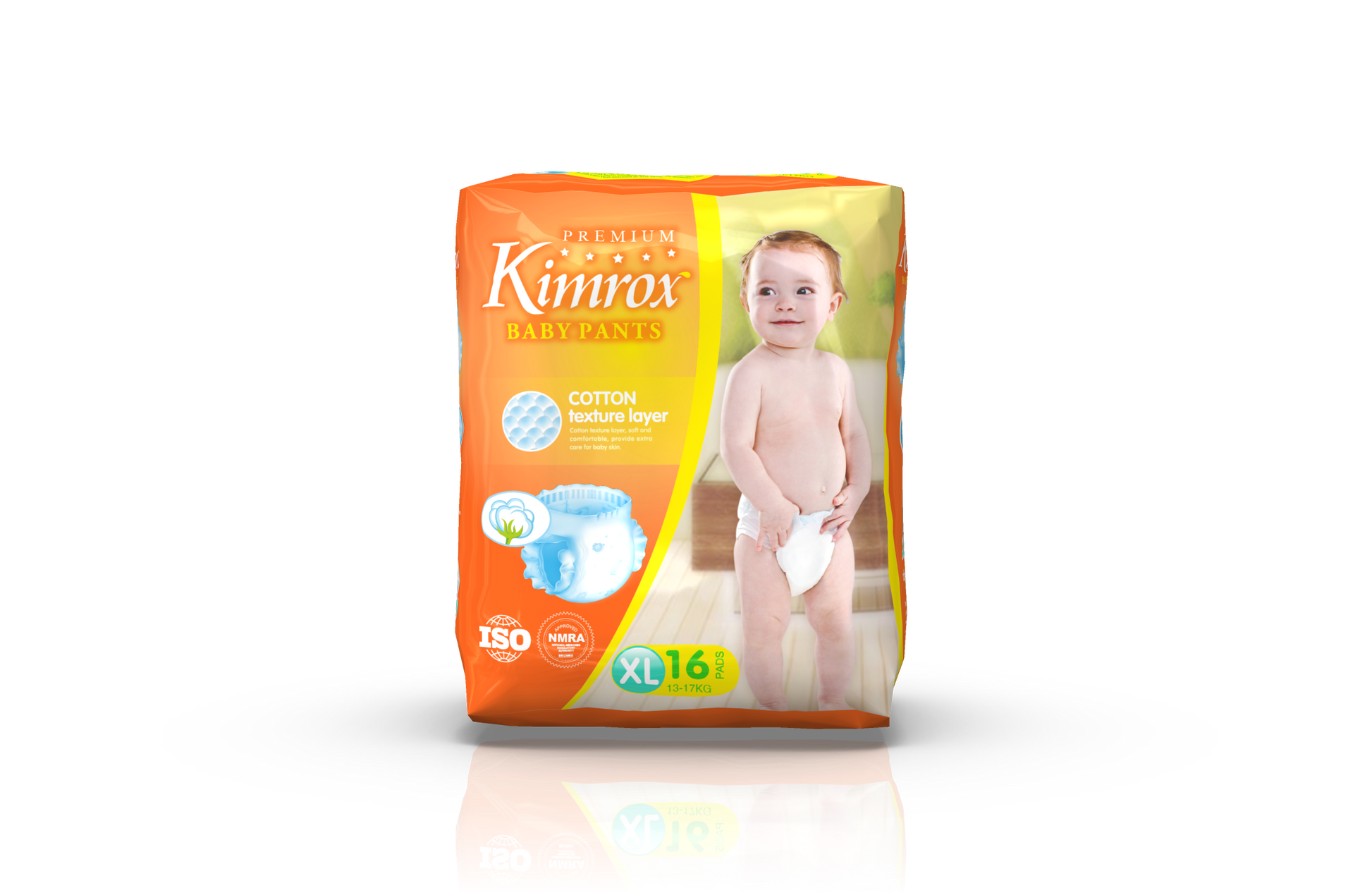 Baby pants pack, orange, size XL, 16-count, front view with reflection