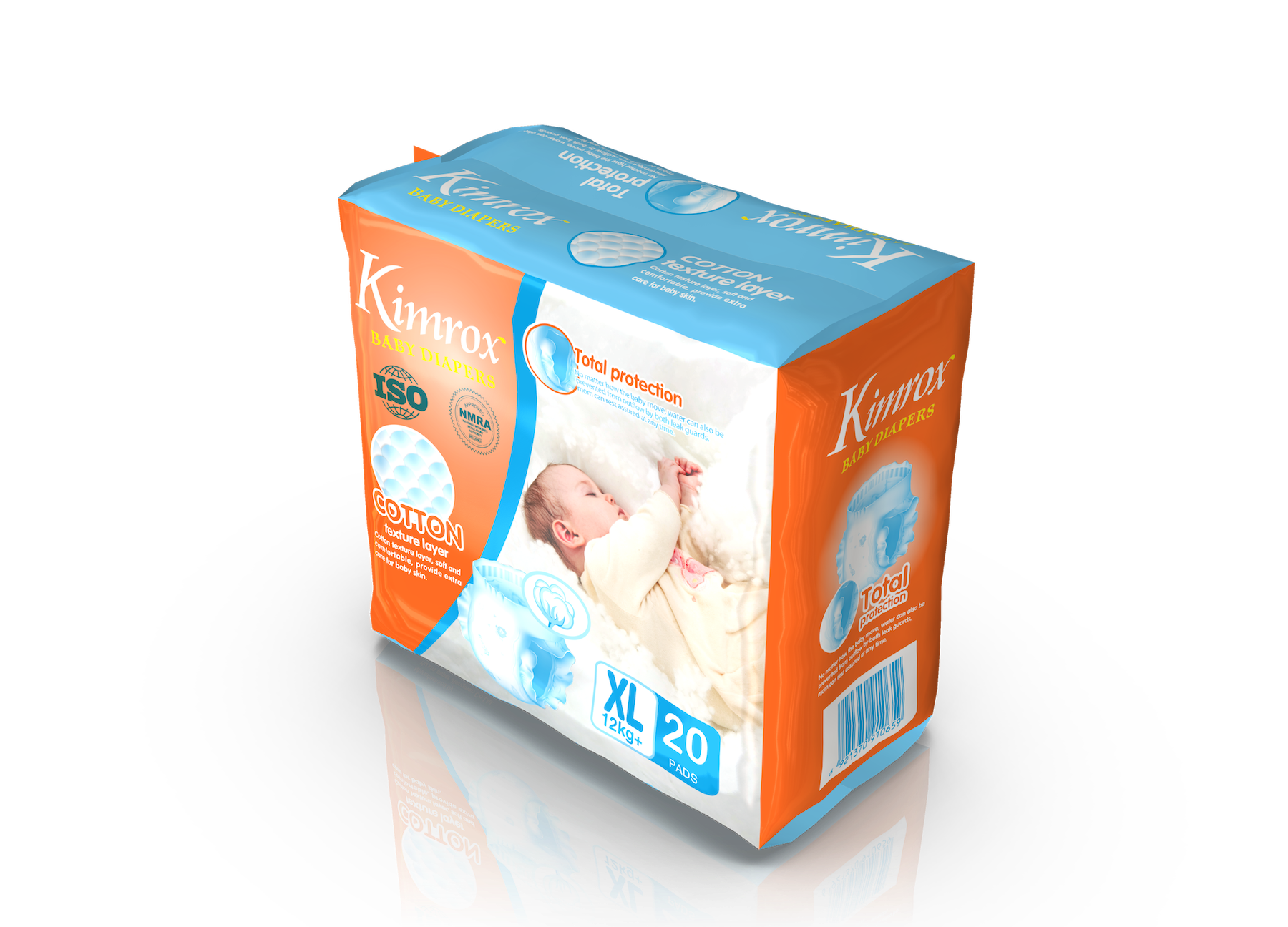 Baby diaper pack, blue top and orange sides, size XL, 20 pads